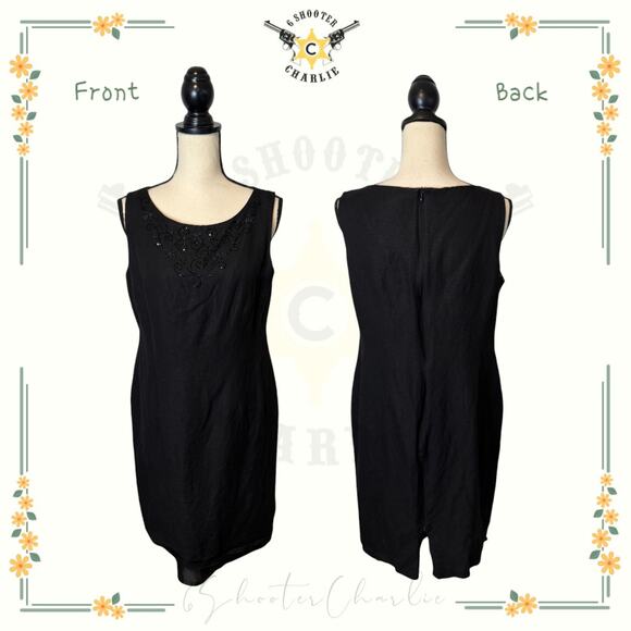 VTG JESSICA HOWARD Linen Blend Sheath Dress Beaded Sleeveless Black Womens Sz 12 - Picture 1 of 7